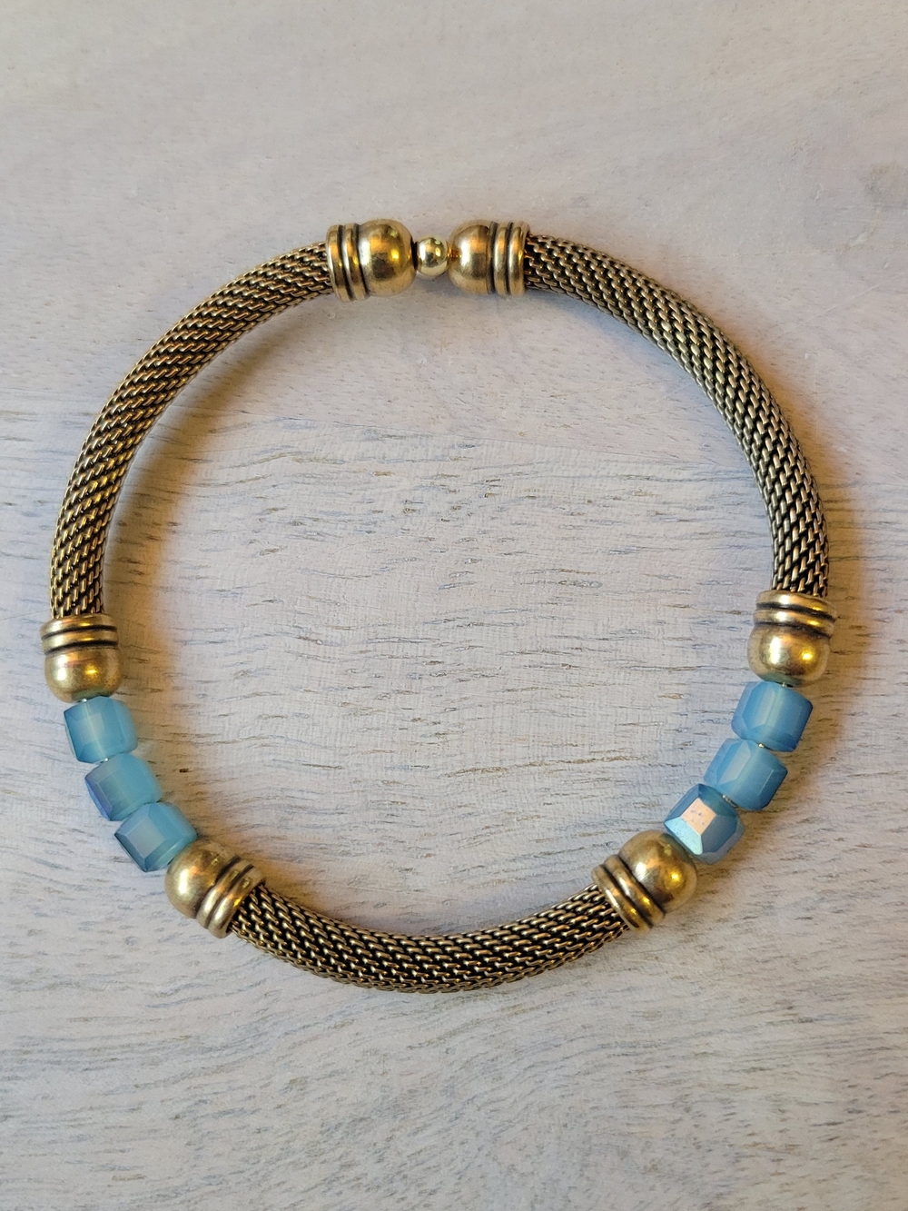 Alex And Ani Gold Mesh Cuff Bracelet with Light Blue Beads